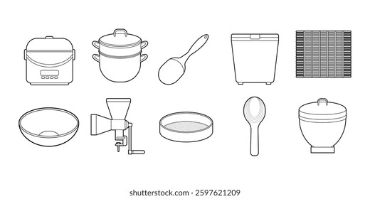Rice Cooking Utensils Outline Vector Set Illustration
