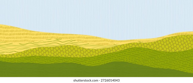 Padrão de campo de arroz ou milho com paisagem agrícola e fundo do céu para design agrícola abstrato. Banner verde amarelo da Toscana ou japonês para um design ecológico. Textura das terras agrícolas.