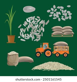 Rice cultivation, transportation, and storage. Harvested paddy in a pile and a bag. Harvest concept. Set of vector illustrations isolated on a green background