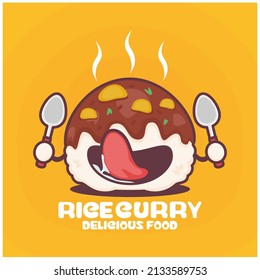 Rice Curry Cartoon. Vector Illustration, Soup Dish, Asian Cuisine. With A Funny Expression