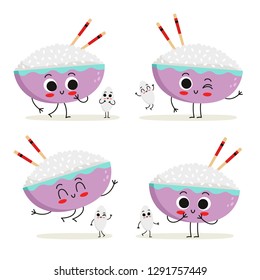 Rice. Cute cartoon vegan protein food vector character set - bowl of rice with chopsticks and rice grain - isolated on white