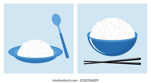 Rice dish, spoon, rice bowl and chopsticks on blue backgrounds vector.