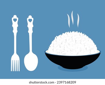 Rice dish with spoon and fork icon sign on blue background vector illustration.