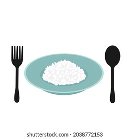 Plato de arroz con iconos de cuchara y tenedor aislados en ilustración vectorial de fondo blanco.