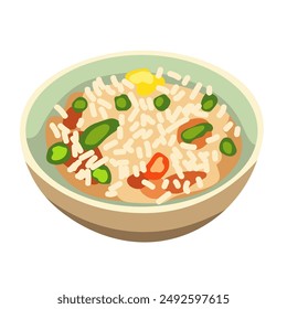 Rice dish with vegetables in a bowl, vector illustration isolated on white background