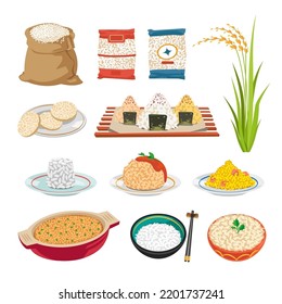 Rice dishes cartoon illustration collection. Rice bag, package and bowl, onigiri serving on tray, crispbreads, Chinese or Japanese food, chopsticks. Nutrition, restaurant, gastronomy concept