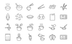 Rice Doodle Illustration Including Icons - Bowl, Japanese Food, Chopsticks, Squeeze, Tear Bag, Pan, Spoon, Microwave, Colander, Water Pot. Thin Line Art About Grain Meal Cooking. Editable Stroke