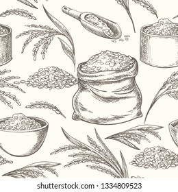 Rice doodle pattern. Wheat or rice hand drawn background, oats wild ear or spike and grains bowl graphic healthy vector illustration