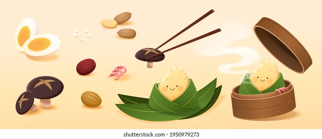 Rice dumpling ingredients isolated on light orange background. Flat illustrated element suitable for Chinese Dragon Boat Festival.