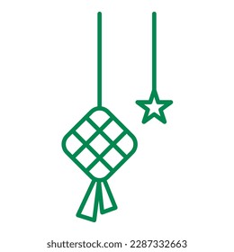 un bolo de arroz o ketupat y una estrella con cuerda colgante como linterna adorno para la ilustración de celebración ramadan o eid con un esquema de estilo plano