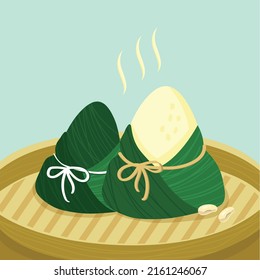rice dumplings cartoon character.  (caption: Dragon Boat festival, 5th day of may, Happy Festival, Chinese rice dumplings, zongzi)