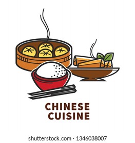 Rice dumplings and Chinese rolls China cuisine national food vector dishes meat in dough cereal meal and vegetables and chicken wrap bowl and chopsticks asian culinary traveling Oriental culture