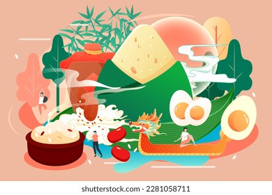 Rice Dumplings for Dragon Boat Festival with rice dumplings and dragon boats in the background, vector illustration