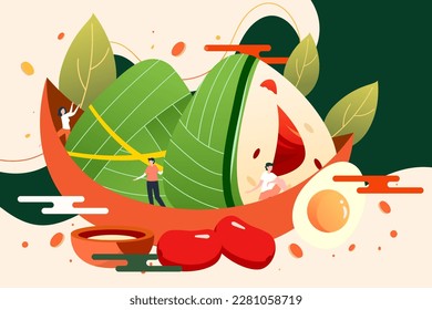 Rice Dumplings for Dragon Boat Festival with rice dumplings and dragon boats in the background, vector illustration