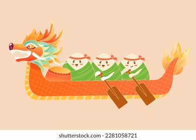 Rice Dumplings for Dragon Boat Festival with rice dumplings and dragon boats in the background, vector illustration