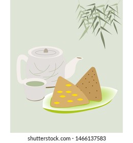 RIce dumplings on green plate and cute tea pot with full cup after them isolated on green background. Colorful vector illustration. Chinese food dumplings decorated with green branches.