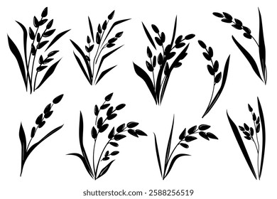 Rice ears grain black silhouette set, isolated on white background. Vector hand drawn sketch illustration. Plants, leaves, cereal harvest agriculture icons. Package, label, menu design elements