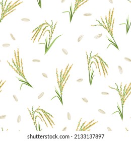 Rice ears and grains background. Vector seamless pattern with cereal plants. Cartoon flat illustration.