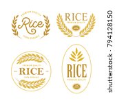 Rice emblems labels badges set. Golden logotypes collection for packaging advertising. Vector vintage illustration.