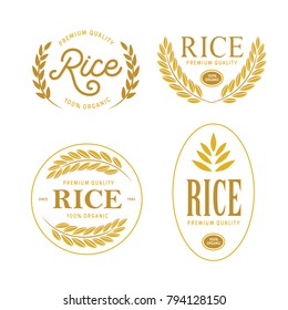 Rice emblems labels badges set. Golden logotypes collection for packaging advertising. Vector vintage illustration.