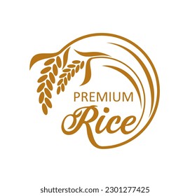 Rice farm icon. Natural cereal products organic farm, cereal farmer market or quality rice shop or store vector sign. Healthy food agriculture company icon or symbol with rice ear, grains and leaves