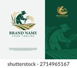 rice farmer logo harvesting illustration design