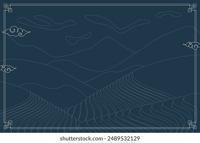 Rice field banner. Chinese agricultural terraces in mountains landscape. Oriental rural farmland paddy scenery. Terraced farmer cultivation meadow pattern. Asian agriculture cascade plantation poster