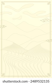 Rice field banner. Chinese agricultural terraces in hills landscape. Oriental rural farmland paddy scenery. Terraced farmer cultivation meadow pattern. Asian agriculture cascade plantation eps poster