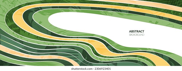 Rice field collage pattern or abstract agriculture vector background with texture. Stripe japan farmland, green ecology design. Rural farm, Thailand countryside, agro illustration. Eco vineyard banner