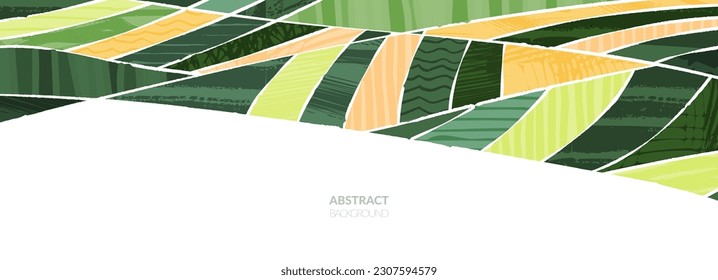 Patrón de colaje de campo de arroz o fondo de vector de agricultura abstracto con textura. Tierras agrícolas de japón, diseño ecológico verde. Granja rural, campiña tailandesa, ilustración agrícola. Bandera de los viñedos ecológicos