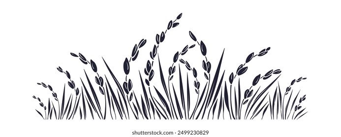 Rice field, grains. Silhouette of arborio farm plantation. Vector landscape silhouette isolated on white background. Graphic print. Asian food, vegan milk, gluten free flour