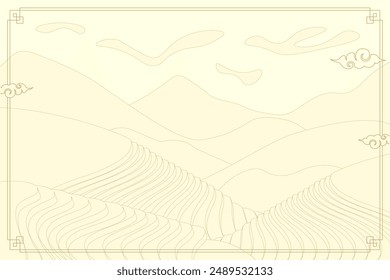 Rice field horizontal banner. Chinese agricultural terraces in hills landscape. Oriental rural farmland paddy scenery. Terraced farmer cultivation meadow pattern. Asian agriculture cascade plantation