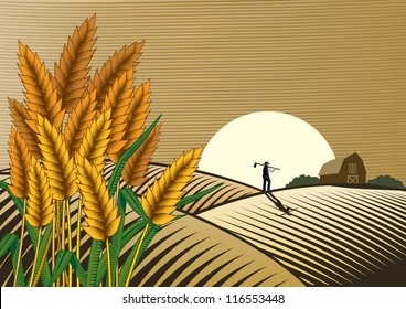 Rice field with a man walking at sunset. Woodcut