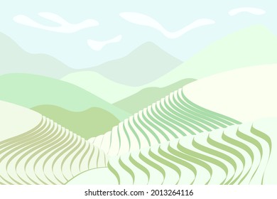 Rice field poster. Chinese agricultural terraces in mountains landscape. Foggy rural farmland scenery with green paddy. Terraced farmer cultivation plantation. Asian agriculture horizontal background