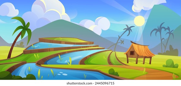 Rice field terrace with watered ground, trees and hut. Asian summer landscape with mountain and agricultural lands. Cartoon vector illustration of traditional oriental food growing farming plantation.