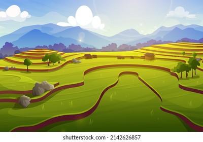 Terrazas de campo de arroz, arrozal verde asiático y casas de campo. Dibujo vectorial del paisaje del campo de verano con plantación de cultivos escalonados en colinas, aldeas, bosques y montañas en el horizonte