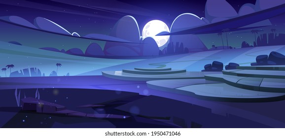 Rice field terraces, green paddy at night. Vector cartoon illustration of summer landscape with crop plantation, palm trees on hills, moon and clouds in sky. Asian terraced farmland with water