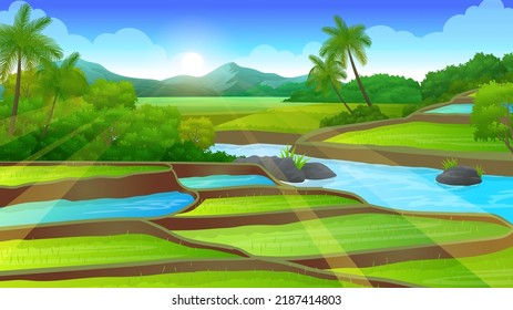 Rice field Terraces with a river flowing in the middle, and beautiful mountain background