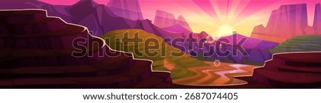 Rice field vector scene with purple mountains and golden sun on pink sky in sunset landscape composition. Terraced paddies with abstract cliffs for oriental traditional rural scenery background .