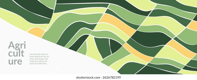 Rice field, vineyards, and wheat in Japan, Vietnam, and Korea. Green patches, paddy, tea, and grain. Ecological layout, agricultural nature, environmental themes. Vibrant abstract graphic design