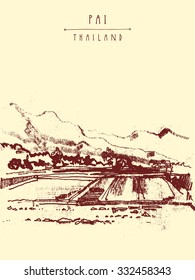 Rice fields and mountains in Pai valley, Northern Thailand. Hand drawn vintage artistic postcard template. Vector illustration