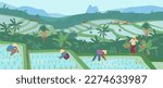 Rice fields scenery with farmers vector illustration. Asian rice plantations. Landscape with paddy terraces, palms, hills and huts. 