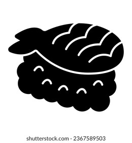 Arroz y pescado fileteado, ícono sólido de mariscos, concepto de comida asiática, signo del vector de comida japonés sobre fondo blanco, ícono de estilo glifo para concepto móvil y diseño web. Gráficos vectoriales