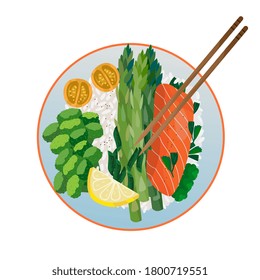 Rice with fish and vegetables in a keto diet style. Vegetarian healthy meal with salmon fish, broccoli, rice, asparagus, lemon and tomatoes with wooden sticks. Vector illustration top view dish