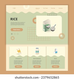Rice flat landing page website template. Spaghetti, mayonnaise, milk. Web banner with header, content and footer. Vector illustration.