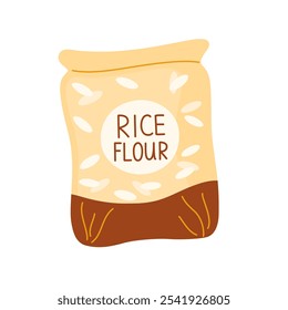 Harina de arroz en bolsa de papel. Paquete cerrado, paquete con ingrediente para hornear. Producto para cocinar. Ilustración vectorial plana de la historieta aislada en el fondo blanco