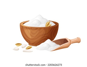 Harina de arroz en tazón de madera con semillas. Alimentos sanos sin gluten. Pisado en producto orgánico. Ilustración vectorial aislada en fondo blanco.