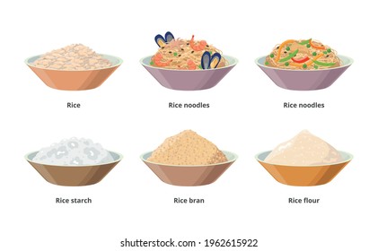 Rice Food In Bowls, Rice Noodles, Starch, Flour, Bran, Grains. Vector Icon Rice Product Set Isolated On White Background.