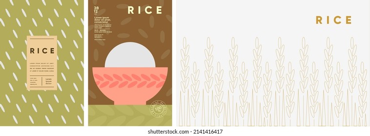 Rice. Food and natural products. Set of vector illustrations. Geometric, simple, linear style. Label, cover, price tag, background.