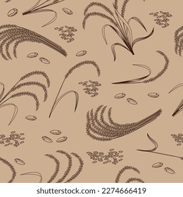 Rice food pattern, doodle grains. Engraving wheat seeds, basmati farm fabric, organic nature food. Decor textile, product wrapping paper, wallpaper design. Vector seamless current background